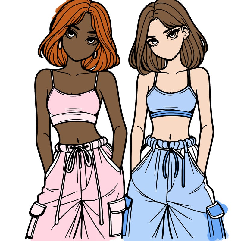 two girls with crop top with baggy pants