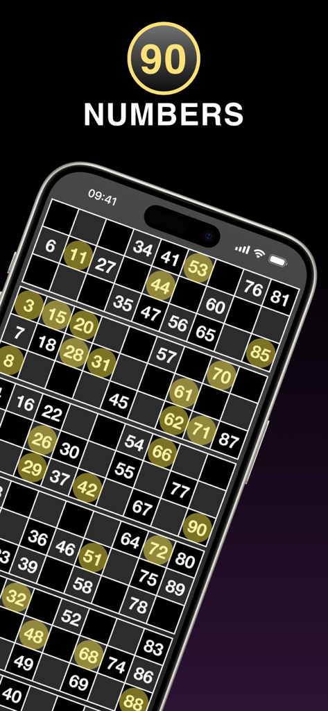 Bingo Caller, Cards & Tickets - La pantalla de un smartphone mostrando un billete de bingo de 90 números con círculos marcados.