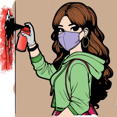 realistic girl with mask spray painting a wall