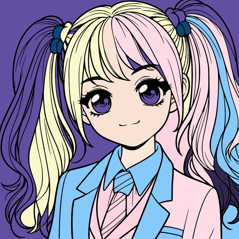 realistic girl with two ponytails and a suit on