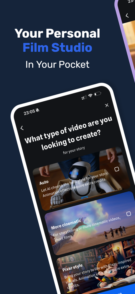 Shorts AI - Video Creator - Shorts AI video creator app interface showing cinematic and Pixar video style options