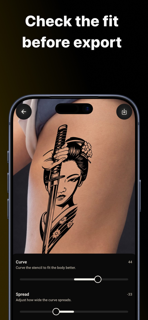 StencilStudio - Tattoo Stencil - A tattoo stencil design being adjusted to fit a leg using curve and spread tools in the StencilStudio app.