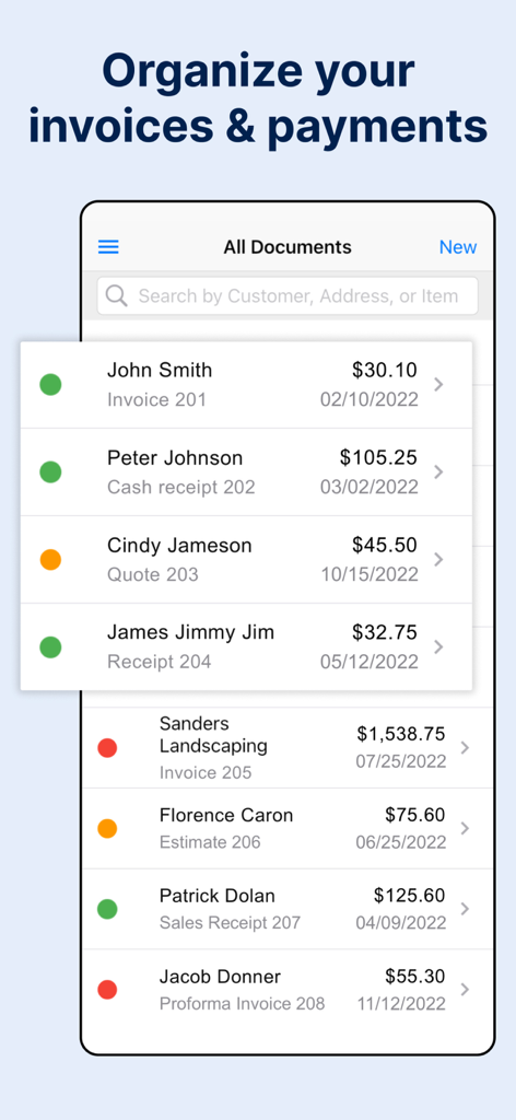 Invoice Maker by Invoice Home - Pantalla de la aplicación Invoice Home que muestra una lista organizada de facturas y pagos con estados de documentos