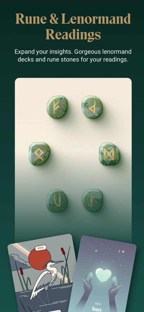 A collection of green rune stones and artistic Lenormand cards for readings in the Labyrinthos app