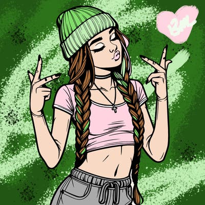 realistic teenage girl with braids and a beanie and crop top doing 🫶🏼