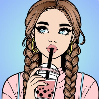 realistic girl with braided hair drinking boba