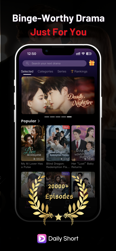 Interfaz de la aplicación DailyShort que muestra varias series de minidramas populares y una insignia que destaca más de 20000 episodios disponibles.