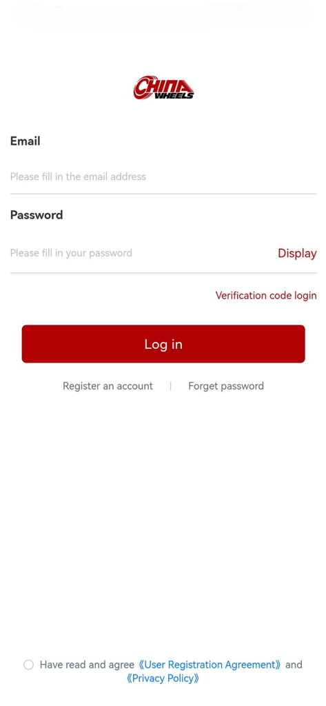 China wheels - Login screen of the China wheels app showing email and password fields with a red login button