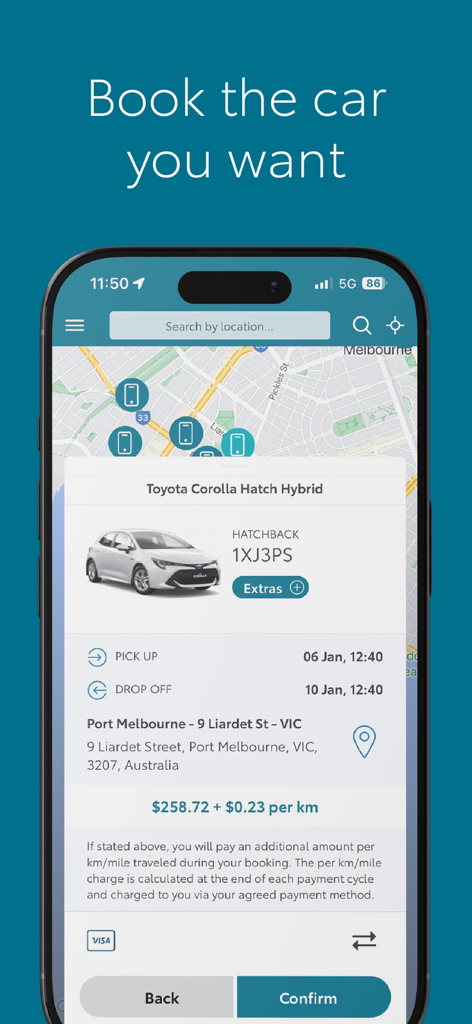 KINTO AU – Toyota Car Rental - Smartphone screen showing the KINTO AU app with a booking summary for a Toyota Corolla Hatch Hybrid including rental price and pickup location