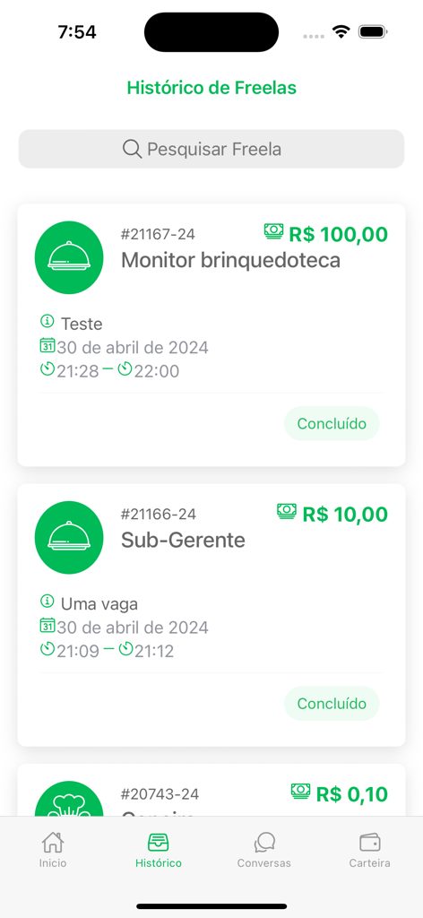 eFreela - Empresas - Screen showing the history of completed freelance jobs with project titles and prices in the eFreela app