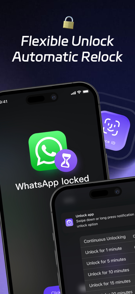 AppLock: Hide & Secure Apps - Interface do AppLock mostrando opções flexíveis de desbloqueio temporizado e uma tela do WhatsApp bloqueada em um iPhone