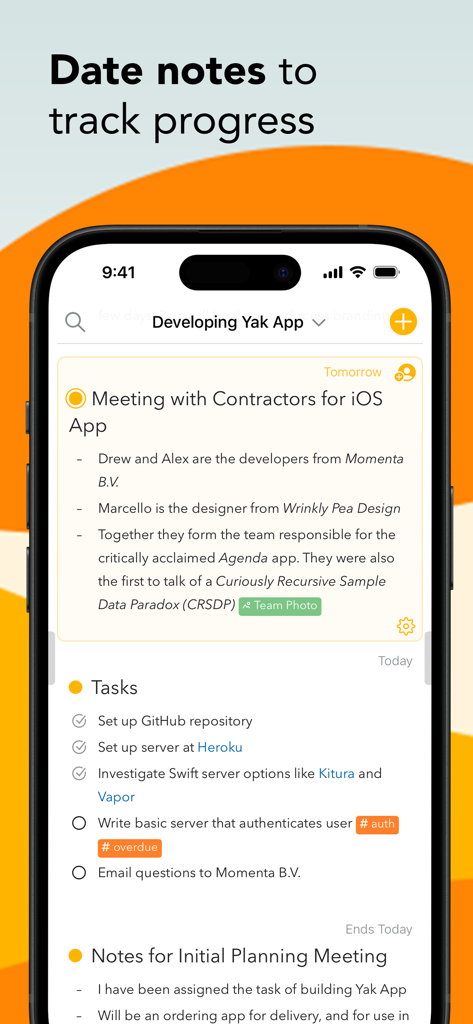 Agenda: Notes meets Calendar - Agenda app interface showing notes and tasks organized by date to track project progress