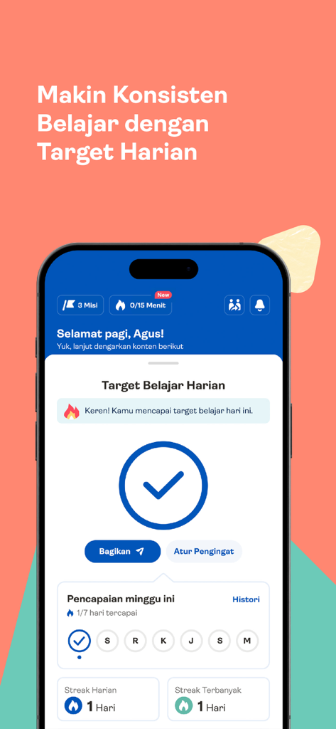 Inspigo Learning Experience - Inspigo app interface showing daily learning goal completion and progress streaks