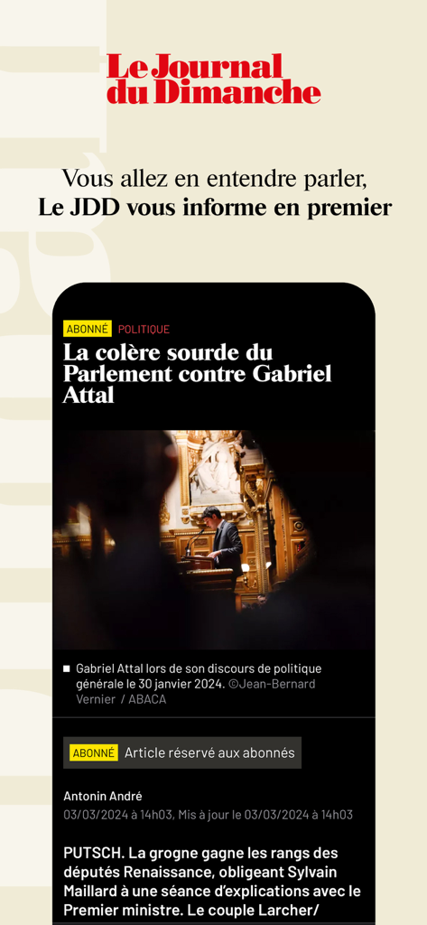 Le Journal du Dimanche mobile app interface showing a French political news article in dark mode