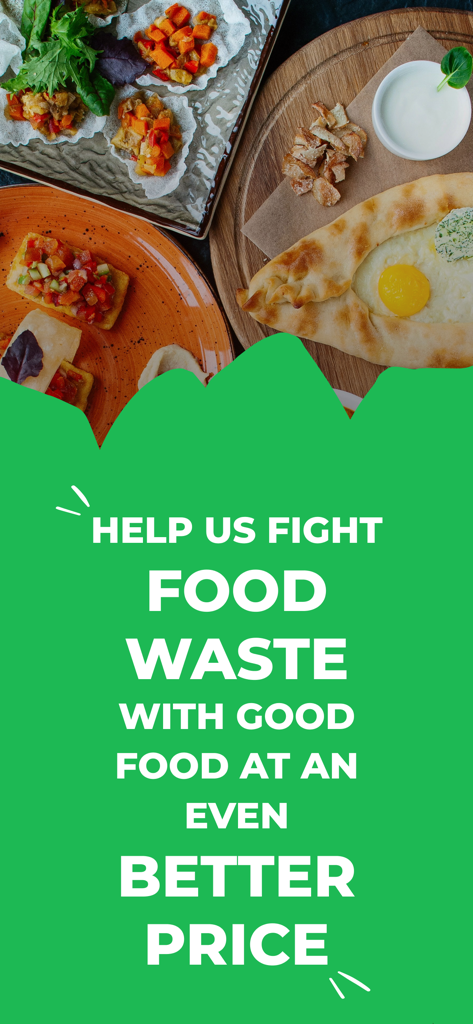 Bonapp: Save tasty food! - Delicious gourmet food dishes shown above text inviting users to fight food waste with good food at even better prices