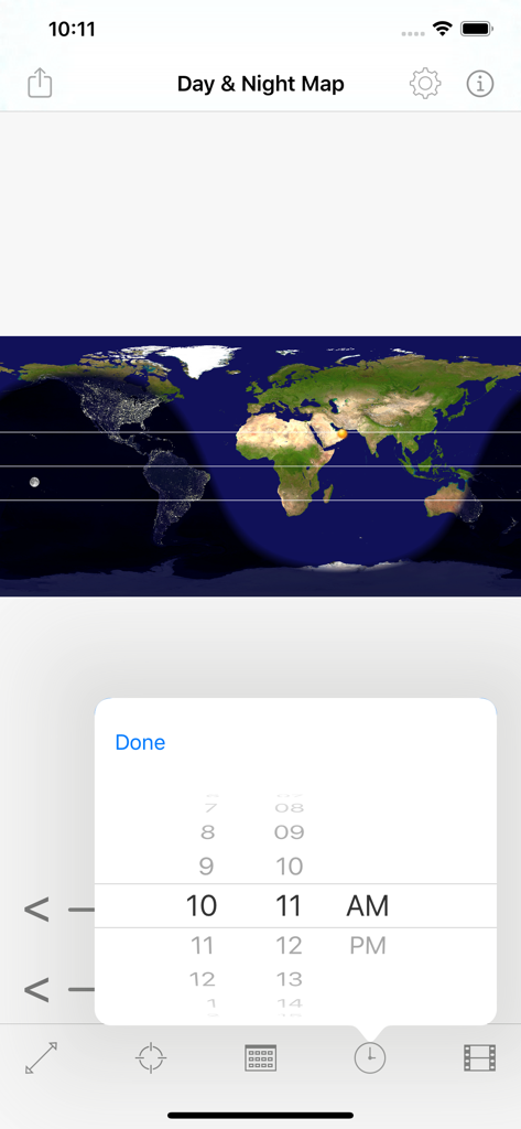 Screenshot of the Day and Night Map app showing a world map with daylight and nighttime regions and a time picker overlay.