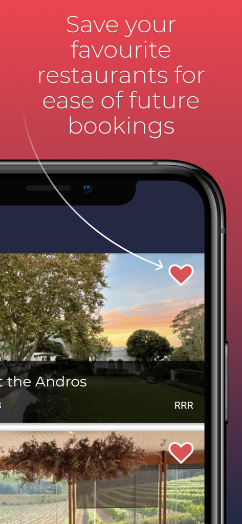 Dineplan mobile app screen showing how to save favorite restaurants using a heart icon for future bookings.