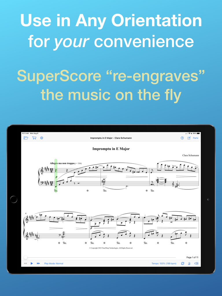 SuperScore Music - SuperScore Music app on an iPad displaying a piano score in landscape orientation