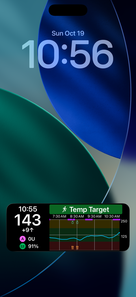 Guardian Monitor Live Activity on iPhone lock screen displaying real-time glucose data and a trend graph.