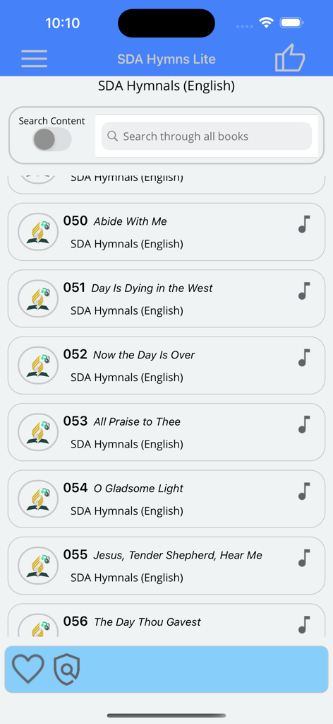 SDA Hymns Lite - A list of numbered hymns and a search bar in the SDA Hymns Lite app interface