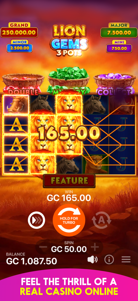Pulsz: Online Casino Games - Screenshot of Pulsz Online Casino showing the Lion Gems 3 Pots slot machine game with a winning spin