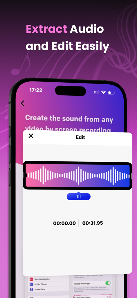 The Ringtoner Create Ringtones - Interface of The Ringtoner app showing the audio extraction and waveform editing tool to create custom ringtones.