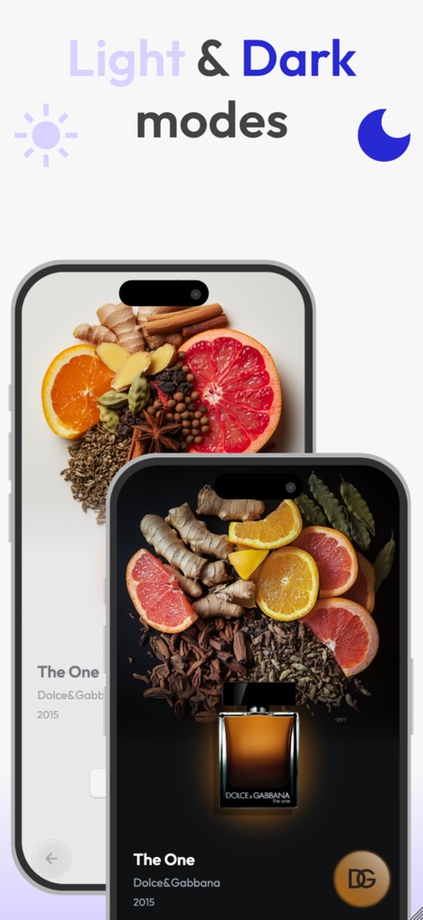 inScent - inScent app interface demonstrating light and dark mode options for perfume details