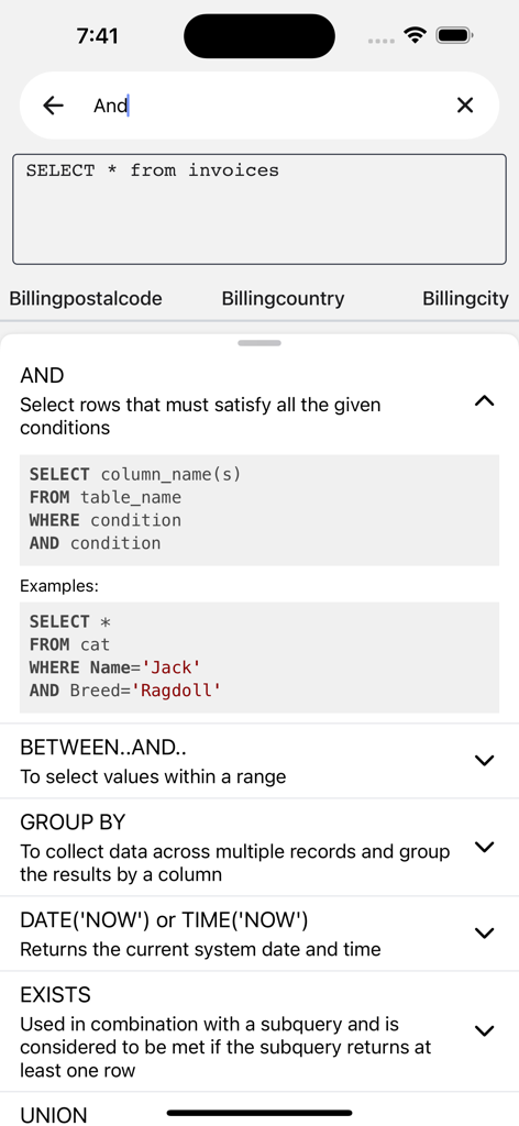 SQL Play — Learn SQL - SQL Play mobile app interface showing SQL syntax explanations and code examples for learning