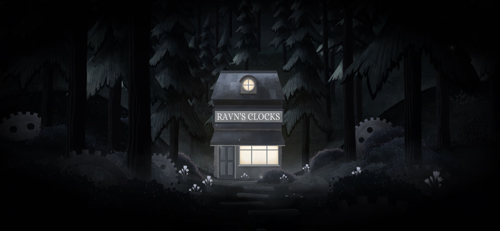 Tick Tock: A Tale for Two - Uma pequena loja de relógios chamada Ravn's Clocks em uma floresta mística escura com engrenagens no chão