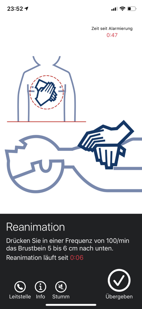 Teamösterreich LEBENSRETTER - A mobile app screen from Team Austria Lifesaver providing real-time CPR guidance with hand placement diagrams and emergency timers.