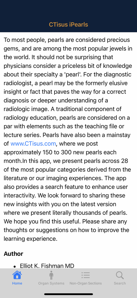 CTisus iPearls - Home screen of the CTisus iPearls app showing a description of radiology education and a navigation menu