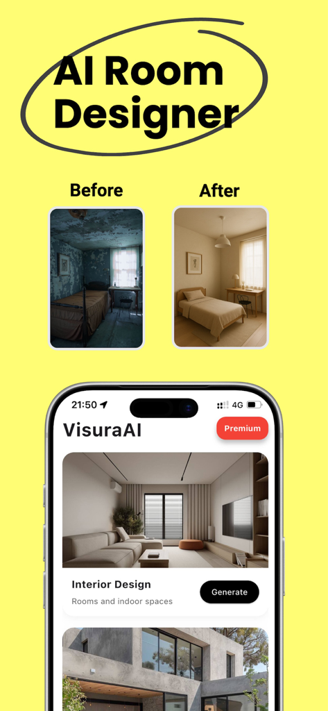 AI Home Design: Visura - App di design per la casa con IA Visura che mostra la ristrutturazione di una camera da letto prima e dopo e lo strumento di generazione di design d'interni