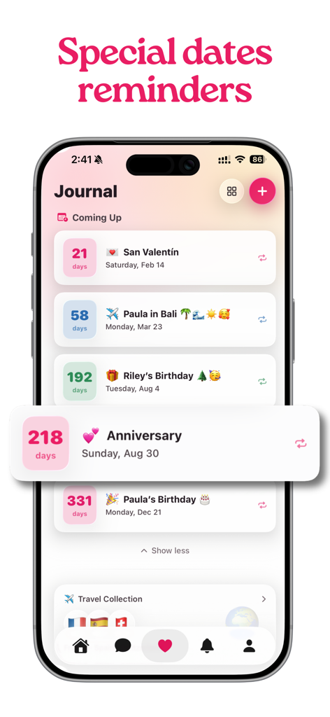 Amora: Couples & Relationship - Amora app screen showing a countdown and list of upcoming special dates like birthdays and anniversaries for couples.