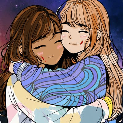 realistic two girls hugging