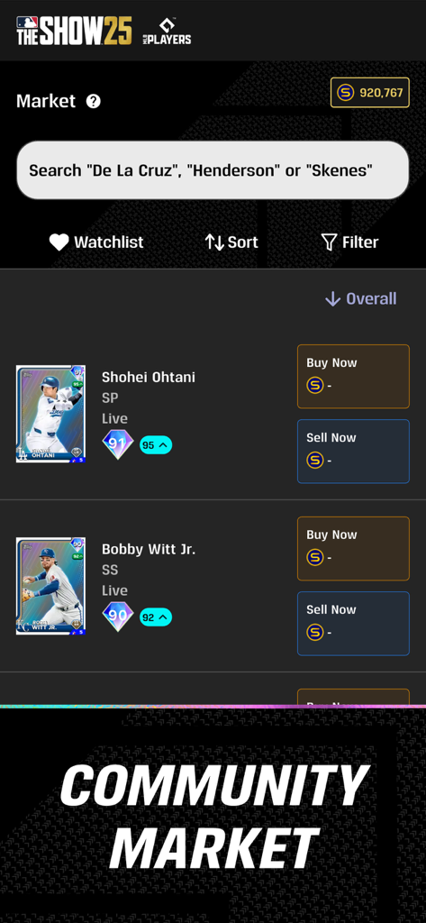 Interface of the MLB The Show Companion App's Community Market showing player cards for Shohei Ohtani and Bobby Witt Jr with buy and sell options.