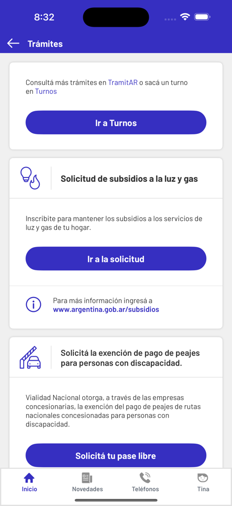 Mi Argentina - Interface de l'application Mi Argentina montrant les options pour planifier des rendez-vous gouvernementaux et gérer les subventions aux services publics.