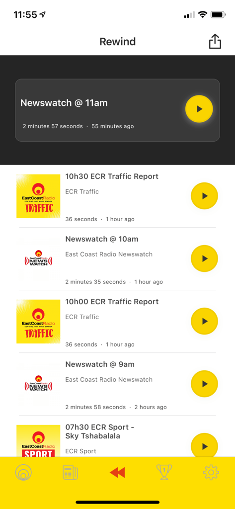 East Coast Radio - East Coast Radio app Rewind screen showing a list of news and traffic reports