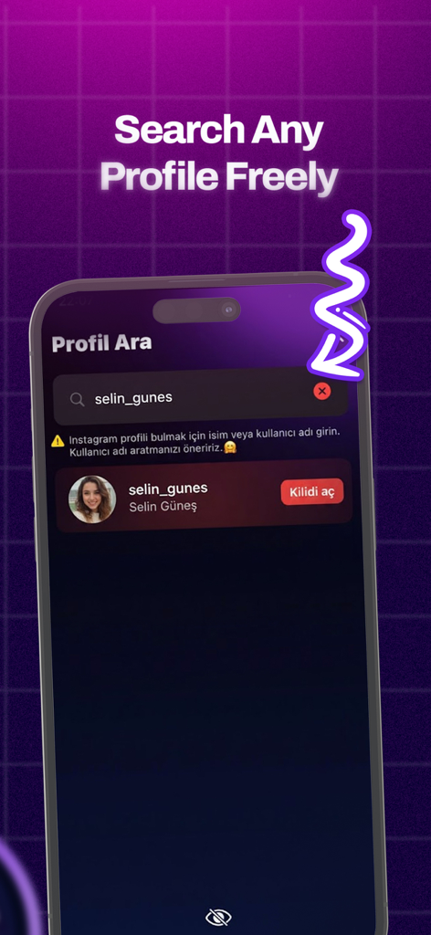Eine mobile Oberfläche der Postexa App, die die Funktion zum freien Durchsuchen jedes Profils auf lila Gitterhintergrund anzeigt.