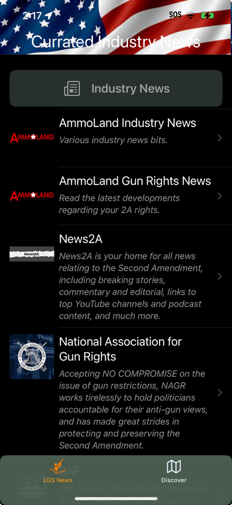 Pantalla de la aplicación Plinkr que muestra una lista de noticias curadas de la industria y actualizaciones sobre derechos de armas