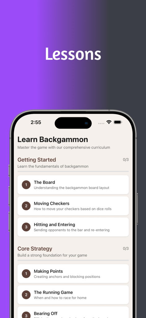 Backgammon - Play & Learn - Backgammon App-Interface mit einer Liste strukturierter Lektionen für Brettaufstellung und Strategie.