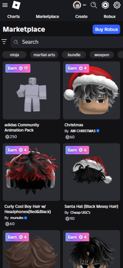 Roblox marketplace items showing Robux cashback rewards on avatar accessories