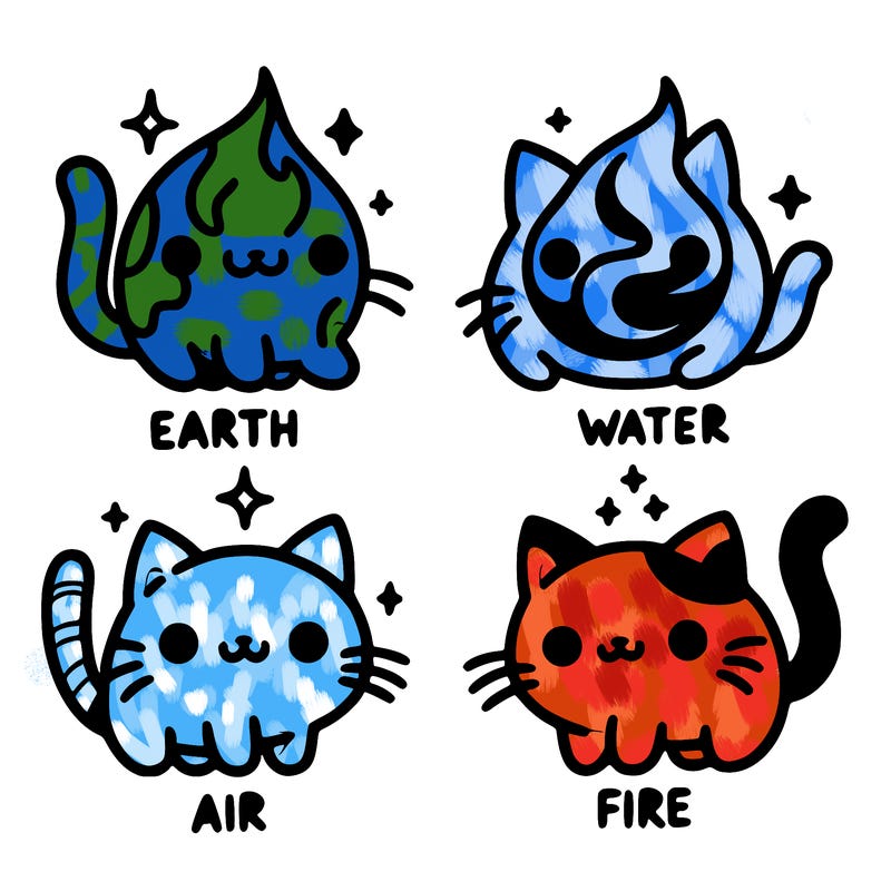 4 cats that represent the different elements, earth, water, air, and fire