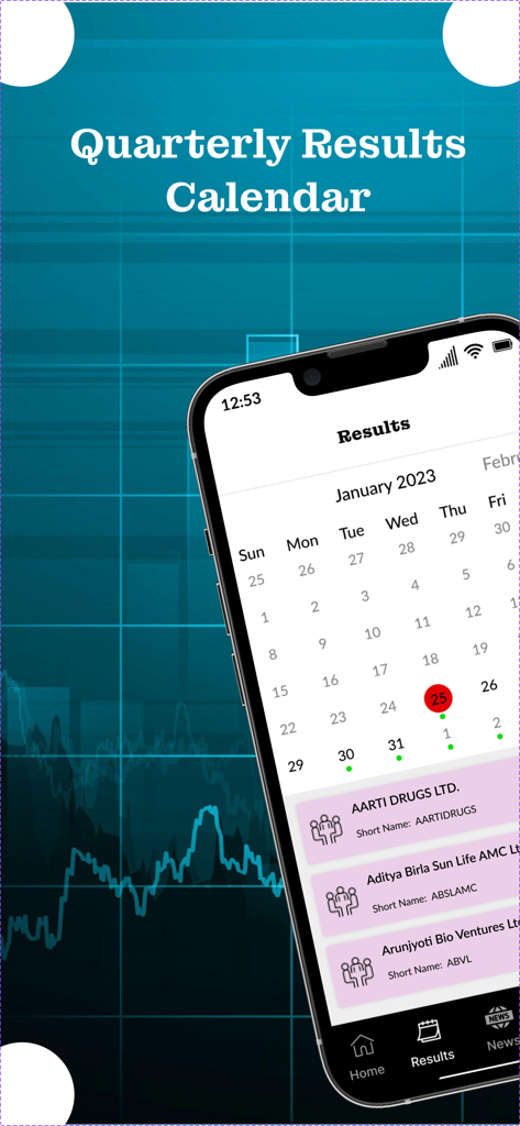 AI based swing Trading Tips - Un écran de téléphone mobile montrant un calendrier des résultats trimestriels avec les dates de publication des actions dans l'application de conseils de trading