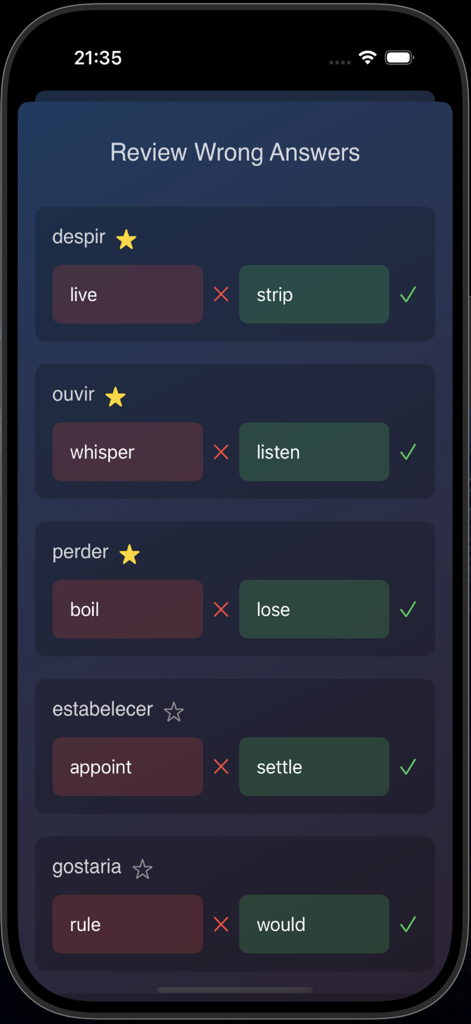 Brazilian Portuguese Verbs - Luna app screen for reviewing wrong answers showing Portuguese verbs with their correct English translations