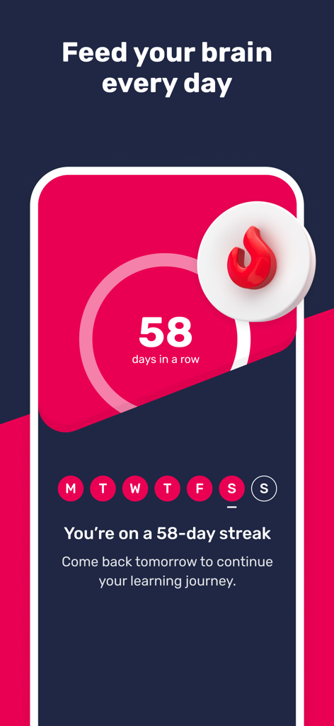 Uptime: Get smarter, stand out - A mobile app screenshot showing a fifty eight day learning streak with a fire icon and daily progress indicator