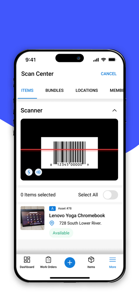 EZO - EZO-Mobile-App-Oberfläche, die einen Barcode-Scanner zur Verfolgung eines Chromebook-Inventargegenstands zeigt