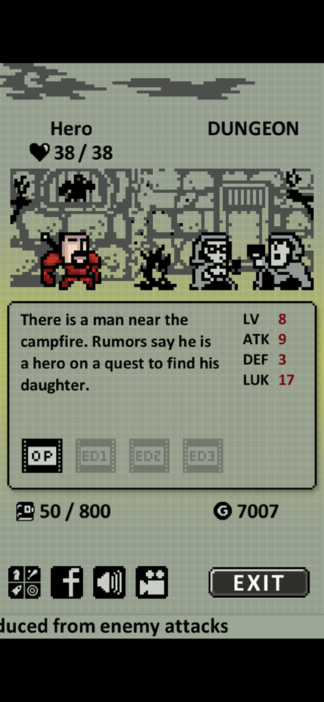 Retro pixel art gameplay screen showing character statistics and a dungeon scene
