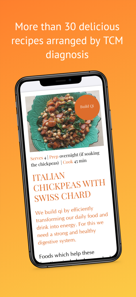 Teléfono inteligente que muestra una receta de medicina china para generar Qi en la aplicación Jing