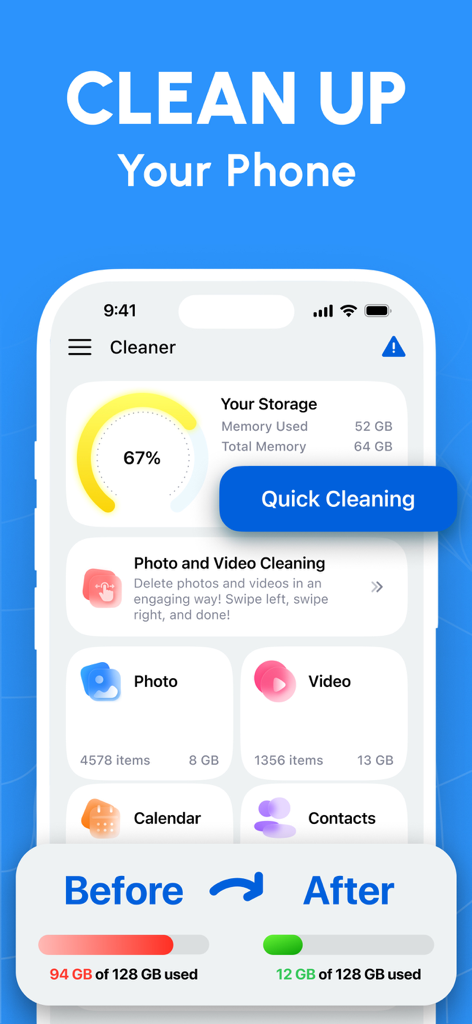 Cleanup - Storage Cleaner AI - Interface of Cleanup app showing storage usage and a before and after comparison of freed space