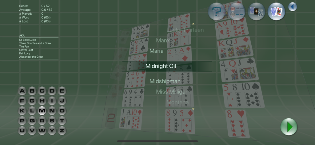 Solitaire Forever - Solitaire Forever 3D game selection menu listing various card game modes